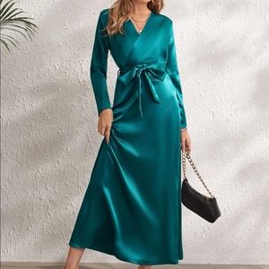Surplice Neck Belted Satin Dress